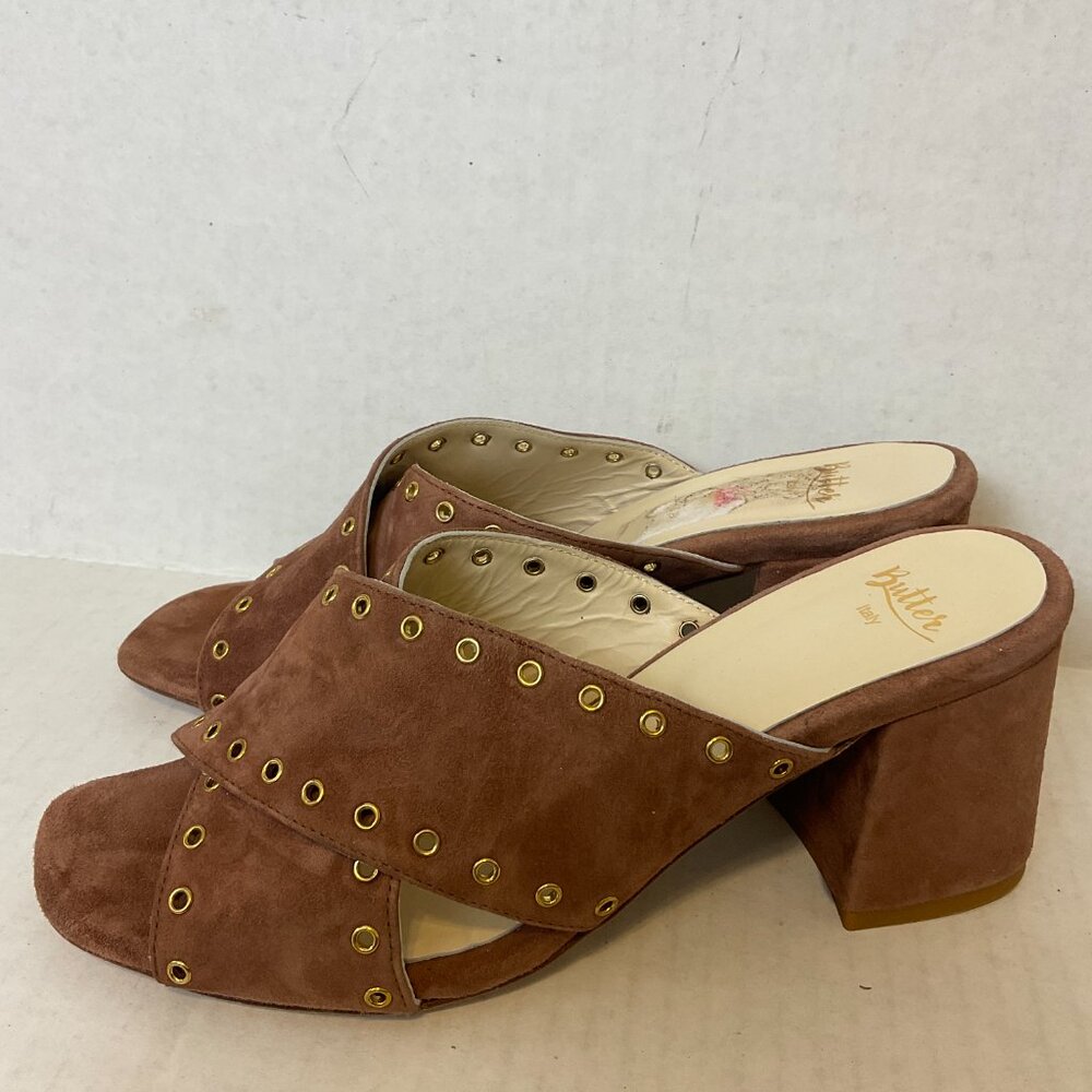 Butter Sandals 8.5 Russet Brown Grommet Detail Block Heel Suede